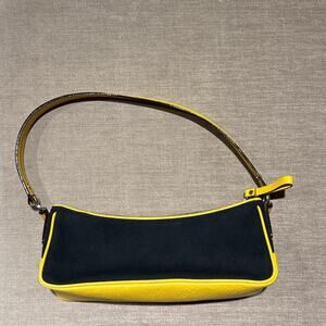 Vintage Kate Spade 12324 Black Nylon Yellow Leather Shoulder Baguette Bag